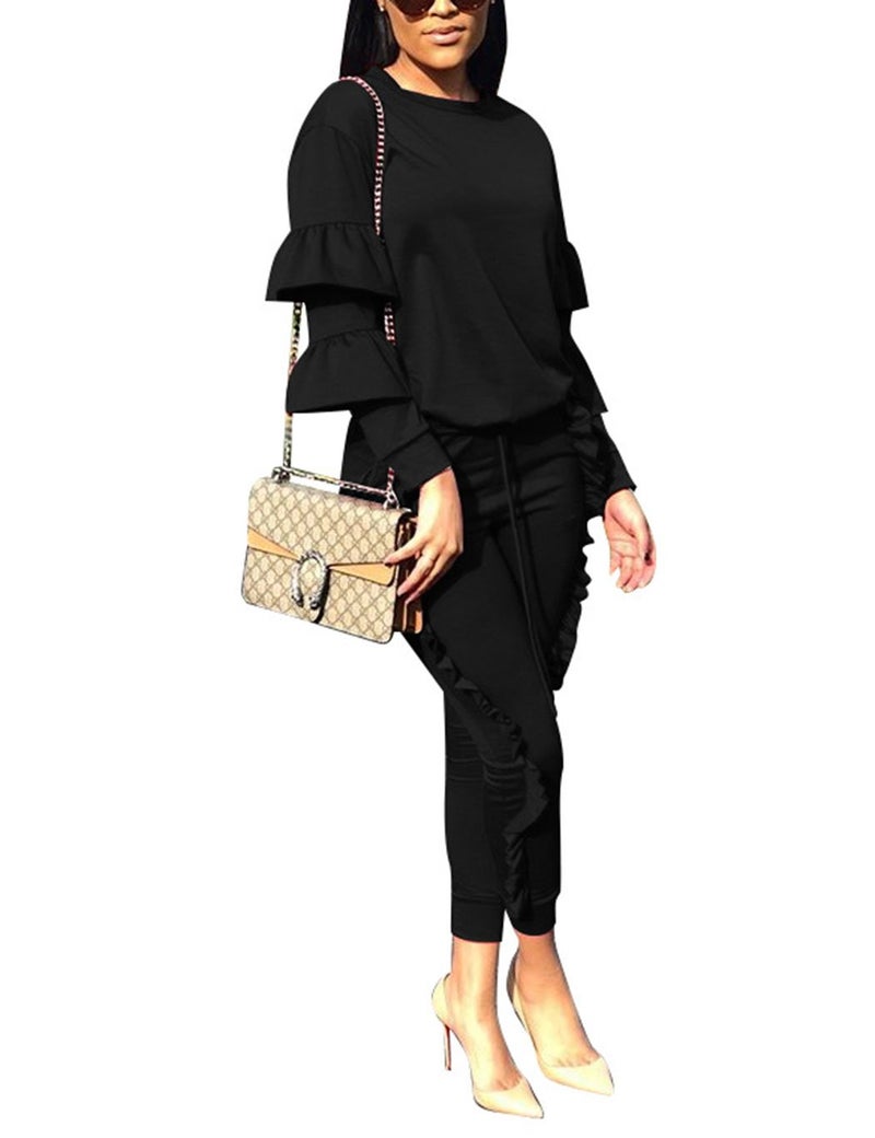 Kansoon Women 2 Pieces Outfits Puff Sleeve Top and Long Flounced Pants Sweatsuits Set Tracksuits Black X-Large - Image 1